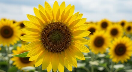 Fototapeta premium A close up of a yellow sunflower with a few other sunflowers in the background