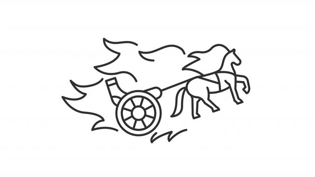 Fire chariot line animation. Blazing horse driving animated icon. Spinning wheel, shaking flame. Religion, christianity. Outline element on white background. HD video with alpha channel