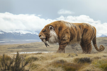 Saber-Toothed Tiger Depicted in Prehistoric Wildlife Illustration Symbolizing Extinct Predator. Generative AI