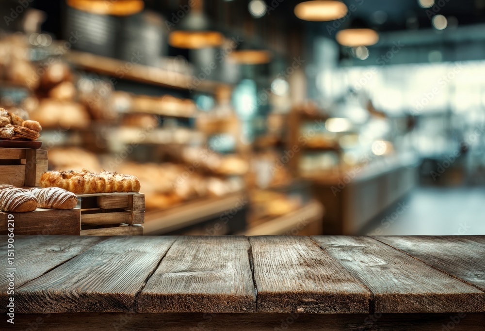 Poster empty wooden table top with blurred bakery background provides ideal space for product placement and