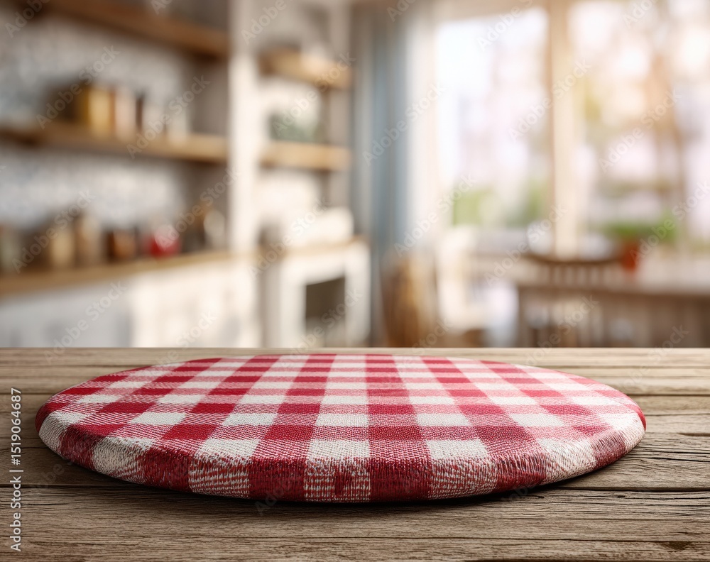 Poster round pizza board lying on a wooden surface with a checkered tablecloth, perfect for product display