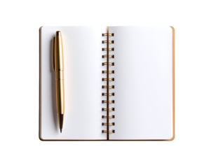 Open Notebook and Golden Pen: A top-down view of a spiral-bound notebook, its blank pages inviting creative exploration, accompanied by an elegant golden pen