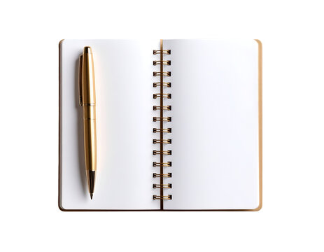 Open Notebook and Golden Pen: A top-down view of a spiral-bound notebook, its blank pages inviting creative exploration, accompanied by an elegant golden pen