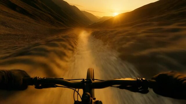 Head on view of a mountain bike racing down a mountainous terrain