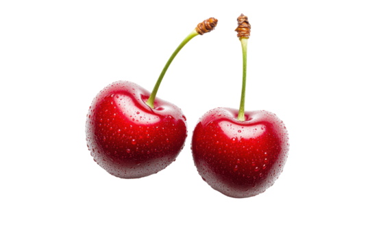Two glistening, ripe red cherries with stems, water droplets visible, against a black background