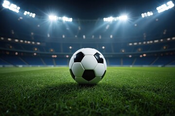 Soccer Ball on Green Field in Stadium Lights