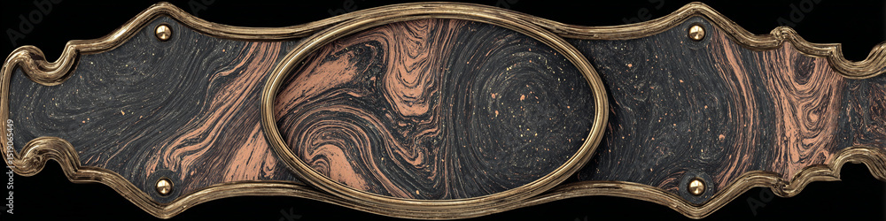 Poster ornate frame with swirling black and peach pattern and gold trim on a black background display piece