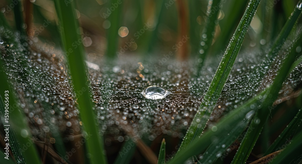 Poster a spider web is covered in dew drops