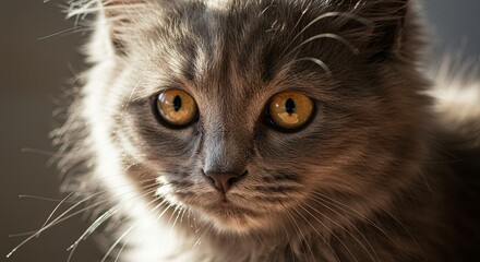 A cat with a yellowish-orange eye staring at the camera