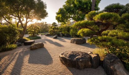 Serene zen garden at dawn.  Tranquil stones, plants, sunlight