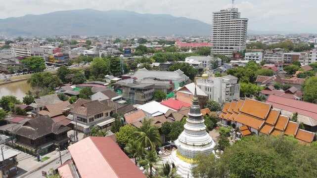 Stupa Of The Oldest Temple Of Wat Ket Karam In Chiang Mai, Thailand. Aerial Drone Shot