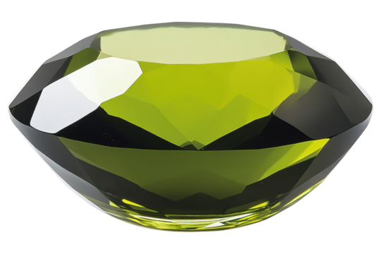 A digitally rendered, faceted gemstone with an olive-green hue, exhibiting high levels of reflectivity and showcasing its cut and facets clearly