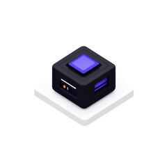 Obraz premium Isometric illustration of a dark-colored, cube-shaped device with a purple top panel, sitting on a white platform. It has minimal detailing, suggesting a technological component