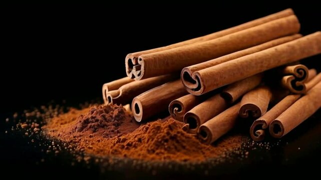 A collection of cinnamon sticks and ground cinnamon on a dark background.