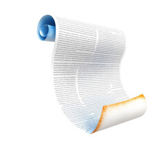 A digitally rendered scroll, curled and partially unfurled, revealing dense text on a white background with gradients of blue and orange at the edges