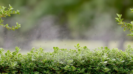 Lush green hedge with hovering mosquitoes, blurred backyard scene - The challenge of balancing privacy and pests in garden greenery