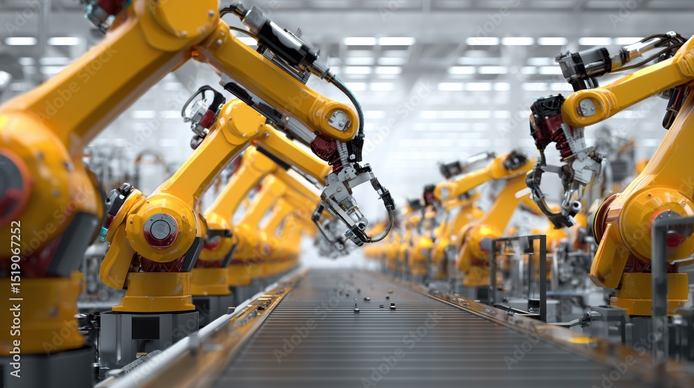 Poster fully automated assembly line with synchronization and robotics technology