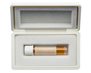 A small glass vial with amber liquid is safely stored in a foam case on a transparent background