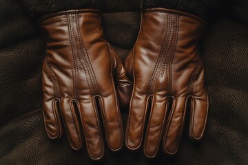 A pair of brown leather gloves lying flat on a dark textured surface with visible stitching details
