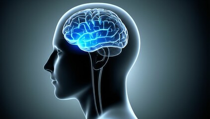 Human brain inside head, concept of intelligence and mental health