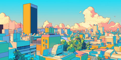レトロ感あふれる都会のシルエットと大きな太陽が印象的な背景イラスト｜ピンクブルー系・雲と空・ビル街・シティポップ風景・抽象的でおしゃれな街並み