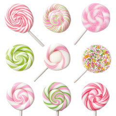 PNG Assorted colorful swirl and sprinkle lollipops arranged in rows, variety of round candy on sticks isolated on white background