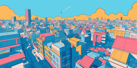 レトロ感あふれる都会のシルエットと大きな太陽が印象的な背景イラスト｜ピンクブルー系・雲と空・ビル街・シティポップ風景・抽象的でおしゃれな街並み