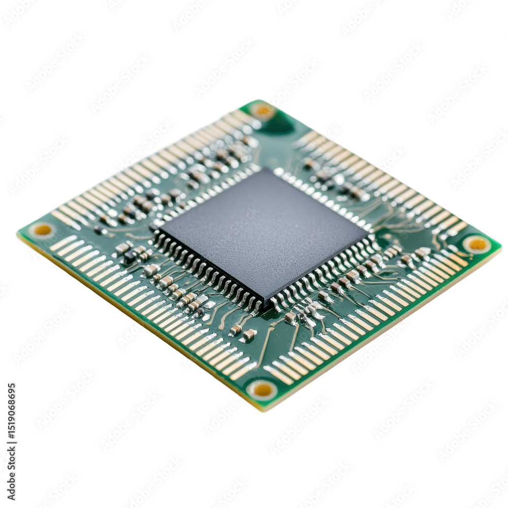 Aufkleber png close up view of modern computer microchip on white background, electronic component with gold c