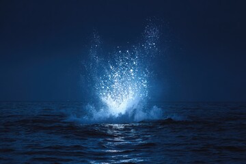 Glittering Water Splash in Dark Ocean Under Starry Night Sky
