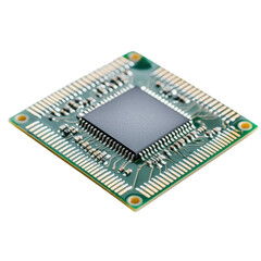 PNG Close up view of modern computer microchip on white background, electronic component with gold connectors and green circuit board