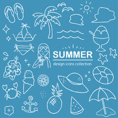 夏の手描きアイコン素材｜海・ビーチ・レジャーのイラストセット