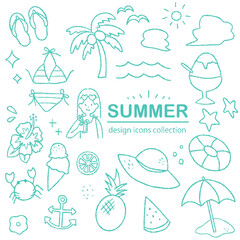 夏の手描きアイコン素材｜海・ビーチ・レジャーのイラストセット