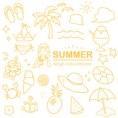 夏の手描きアイコン素材｜海・ビーチ・レジャーのイラストセット