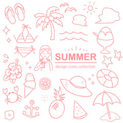 夏の手描きアイコン素材｜海・ビーチ・レジャーのイラストセット