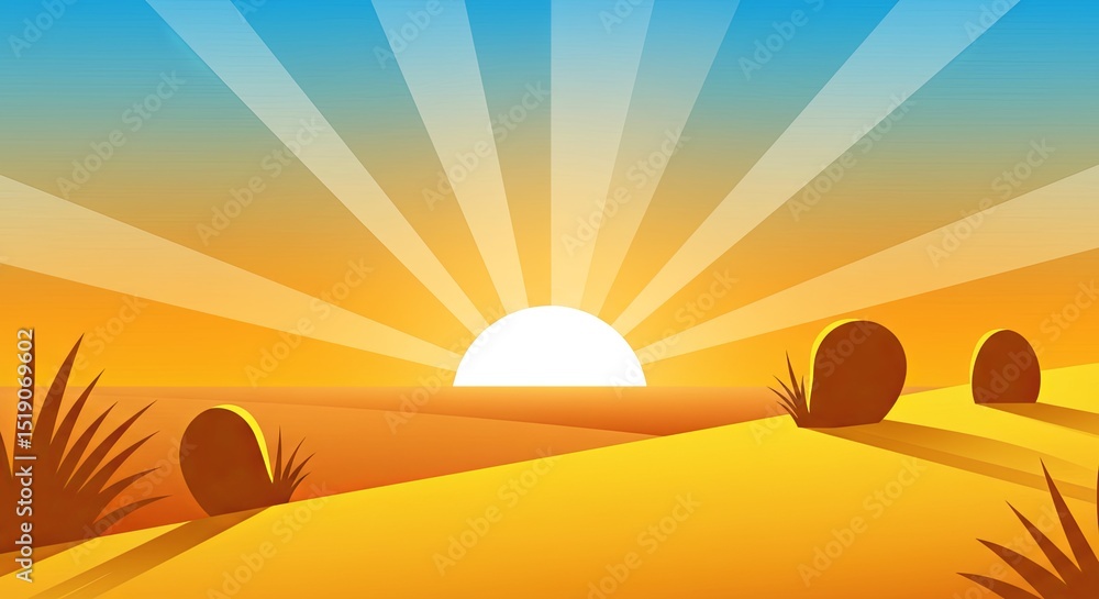 Poster A sun is setting over a desert landscape with a few rocks scattered around