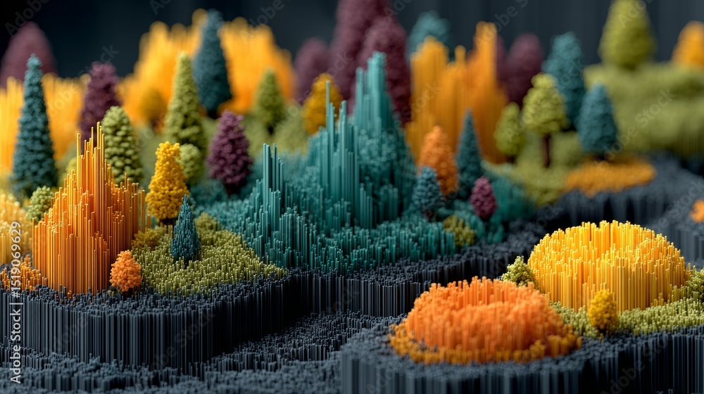 Poster pixelated forest of colors: a vibrant, abstract landscape constructed from pixels. displaying a dive