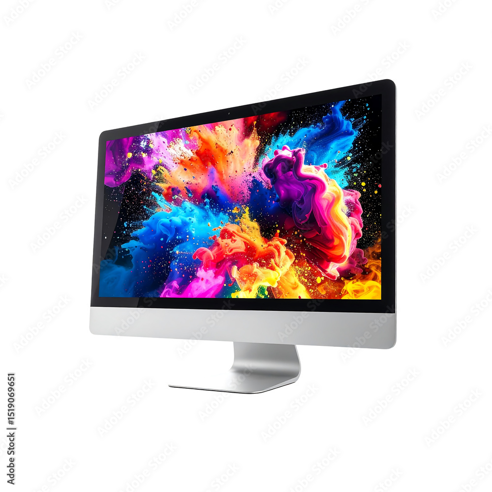 Poster modern silver desktop computer with vibrant colorful on transparent background