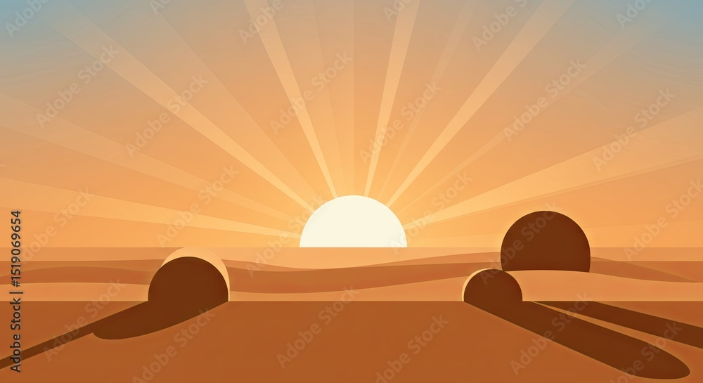 Poster A desert scene with a sun setting in the background