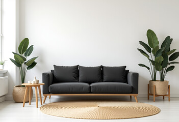 Modern living room with dark sofa, wooden furniture, rattan decor, and indoor plants on bright floor and white walls