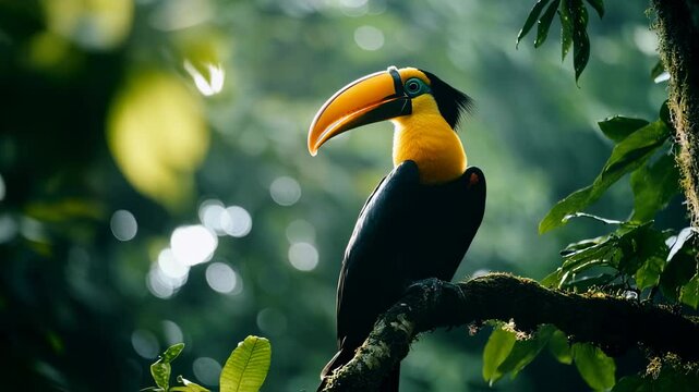 Beautiful Great Hornbill Bird Perched on Branch in Lush Green Rainforest Scenery