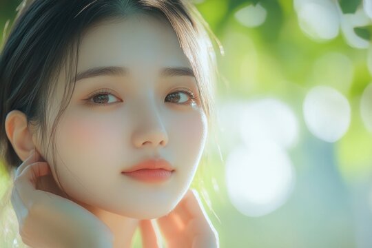 Healthy skin glow, young Asian model gently touching face, natural light