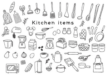 キッチンアイテムイラストセット　手書きモノクロ線画
