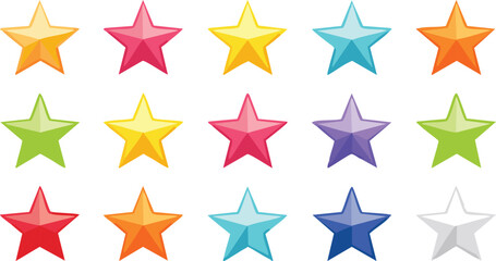 Vector Stylized Five-Pointed Stars in Vibrant Colors with Gem-Like Glossy Finish and Symmetrical Arrangement
