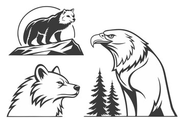 Obraz premium Vintage wildlife illustrations wolf eagle mountain