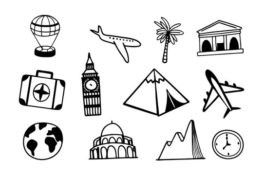 Travel icons world landmarks and transportation