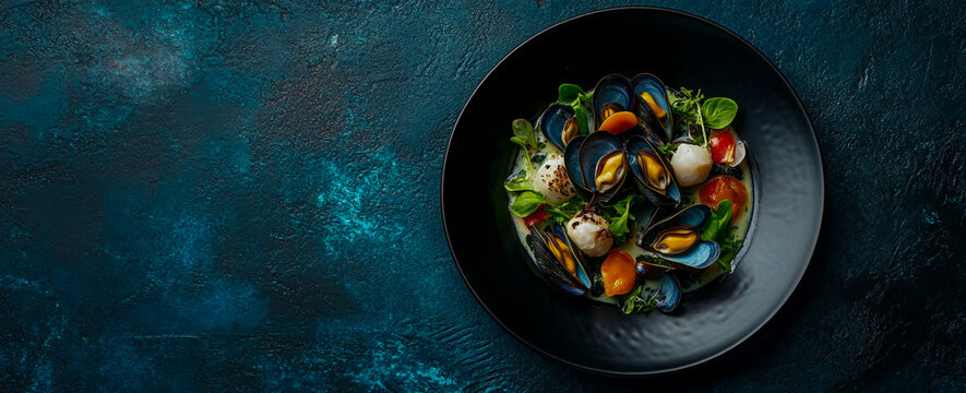 Black plate filled with fresh oysters, creamy white wine sauce, served on dark blue textured background, top down view, culinary gourmet food, seafood presentation, elegant food styling banner.