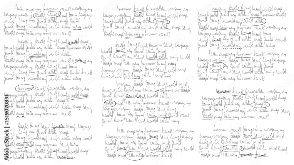 Aufkleber Text hand write for letter or note with redacted scribble. Handwritten cursive script draft with strike and edit for journal elements. Old pencil sketch with unreadable texture and bad mistakes