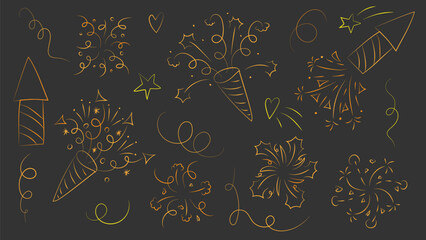 Gold firework and confetti burst background. Line anniversary celebrate spark or New Year pattern. Birthday firecracker boom and ribbon explosion ray outline doodle design. Surprise party event set.