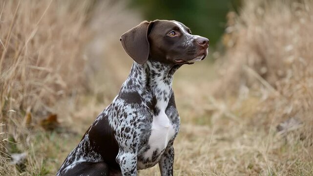 Beautiful brown and white German Shorthaired Pointer puppy sitting in a field, looking away