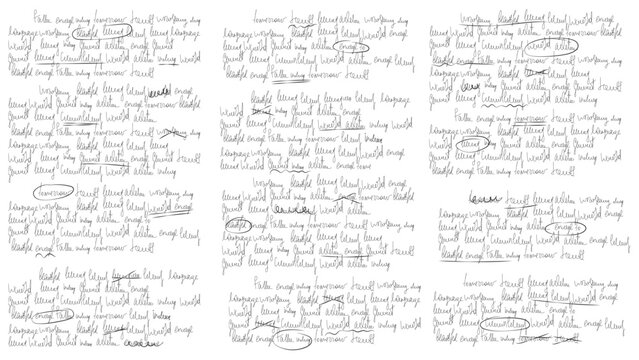 Text hand write for letter or note with redacted scribble. Handwritten cursive script draft with strike and edit for journal elements. Old pencil sketch with unreadable texture and bad mistakes